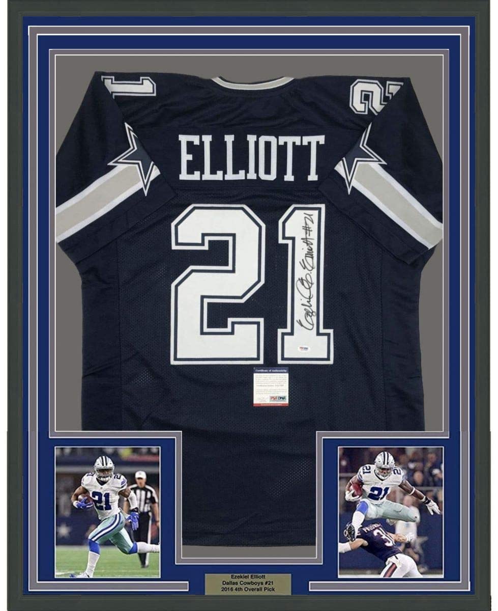 Framed Autographed/Signed Ezekiel Elliott 35x39 Dallas Dark Blue Football Jersey PSA/DNA COA