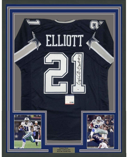 Framed Autographed/Signed Ezekiel Elliott 35x39 Dallas Dark Blue Football Jersey PSA/DNA COA