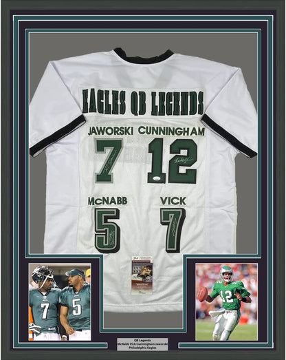 Framed Autographed/Signed Eagles QB Legends McNabb Cunningham Vick Jaworski 35x39 Philadelphia White Football Jersey JSA COA