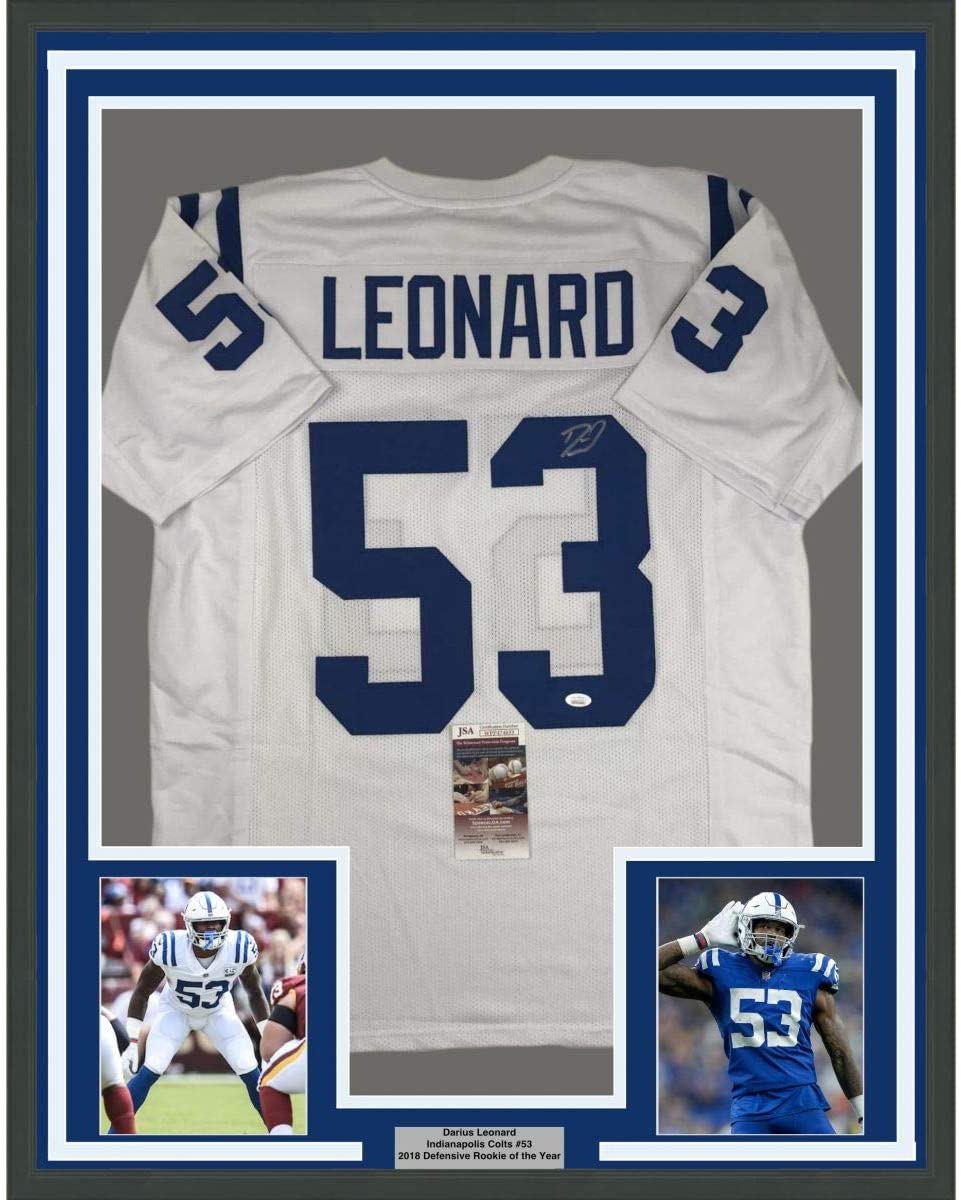 Framed Autographed/Signed Darius Leonard 35x39 Indianapolis White Football Jersey JSA COA