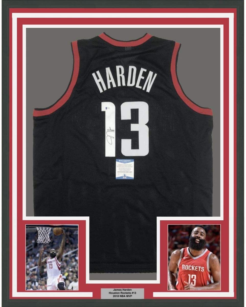 Framed Autographed/Signed James Harden 35x39 Houston Black Basketball Jersey Beckett BAS COA