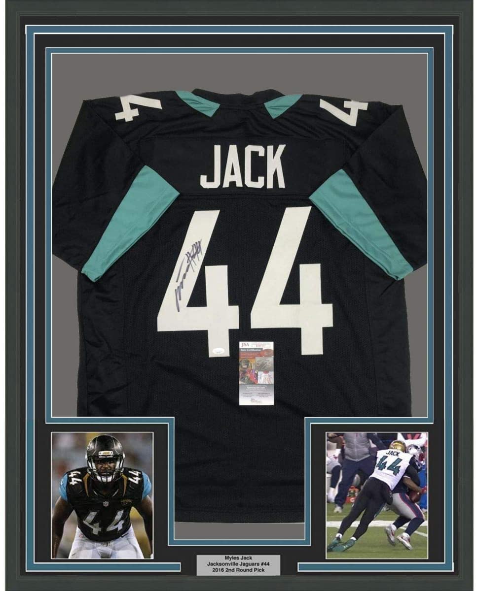 Framed Autographed/Signed Myles Jack 35x39 Jacksonville Black Football Jersey JSA COA