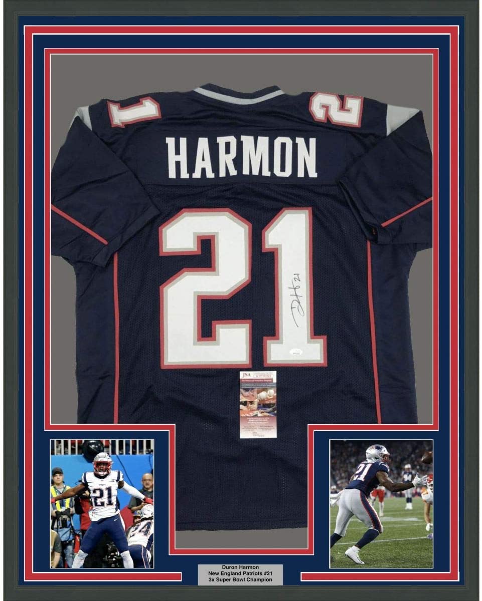 Framed Autographed/Signed Duron Harmon 35x39 New England Blue Football Jersey JSA COA
