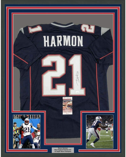 Framed Autographed/Signed Duron Harmon 35x39 New England Blue Football Jersey JSA COA
