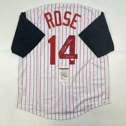 Autographed/Signed Pete Rose Hit King Cincinnati Pinstripe Baseball Jersey JSA COA