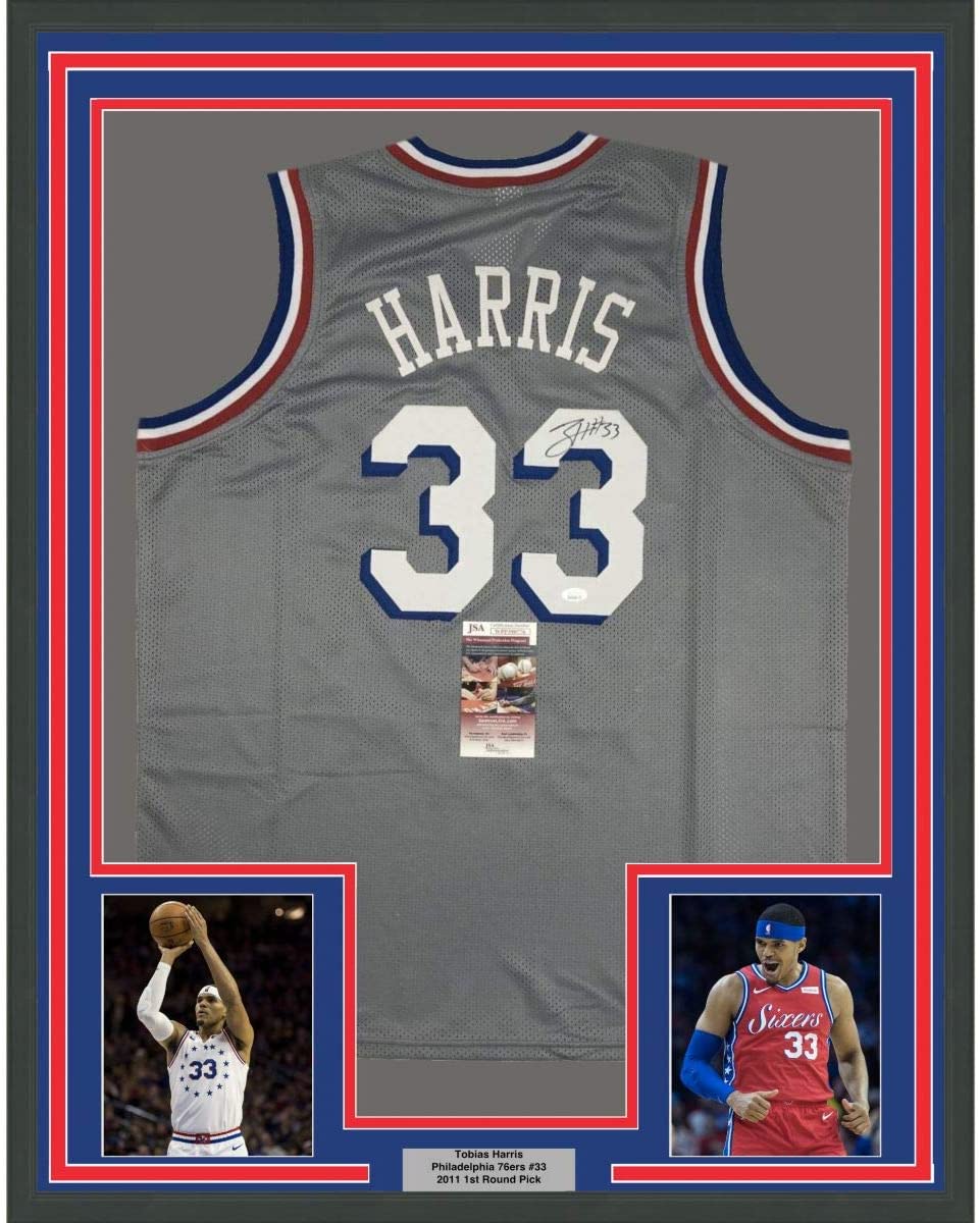 Framed Autographed/Signed Tobias Harris 35x39 Philadelphia Grey Basketball Jersey JSA COA