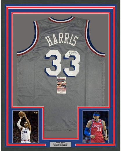Framed Autographed/Signed Tobias Harris 35x39 Philadelphia Grey Basketball Jersey JSA COA