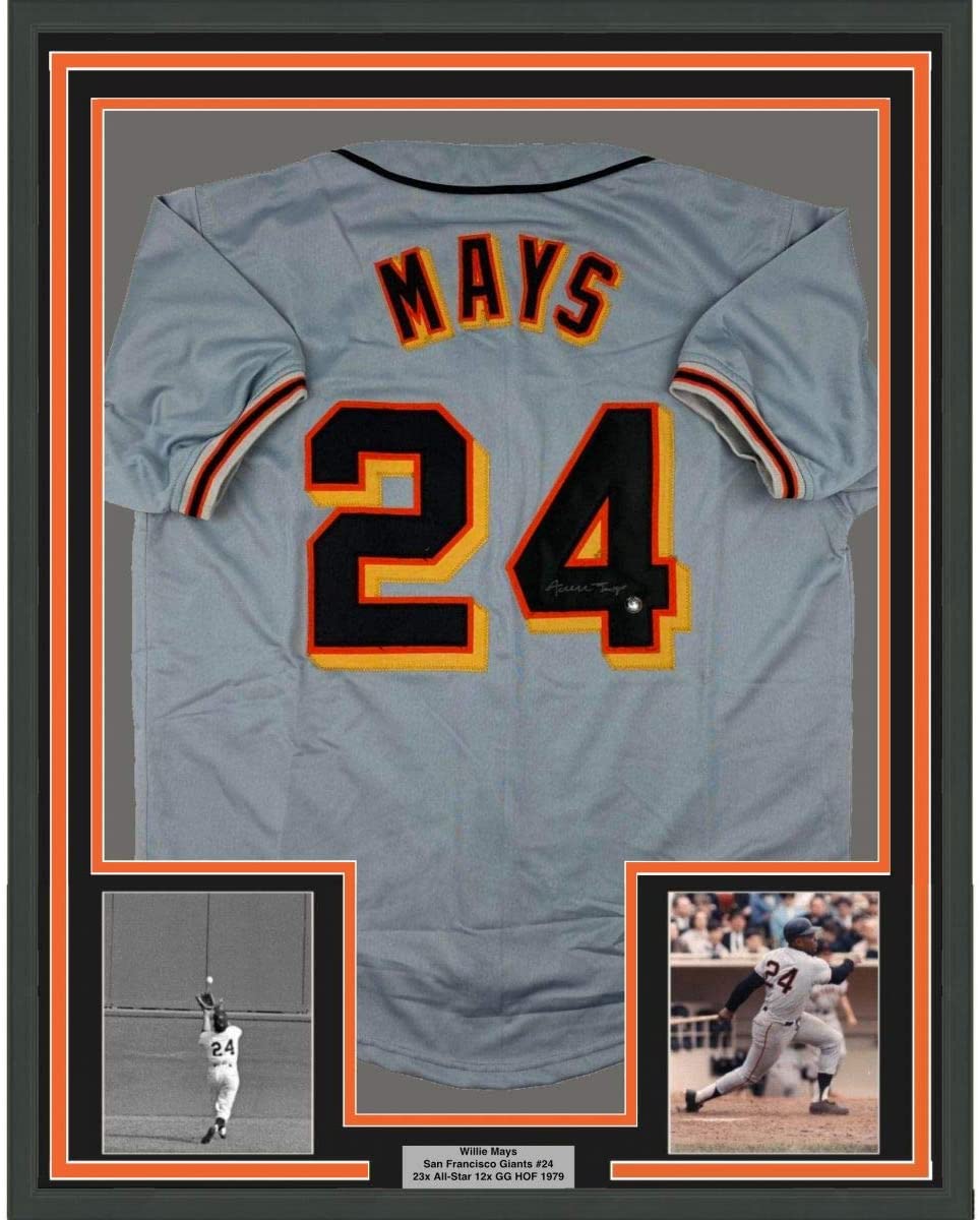 Framed Autographed/Signed Willie Mays 35x39 San Francisco Grey Baseball Jersey Say Hey Hologram COA