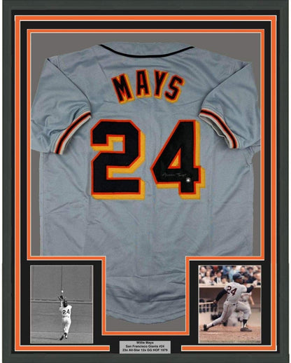 Framed Autographed/Signed Willie Mays 35x39 San Francisco Grey Baseball Jersey Say Hey Hologram COA