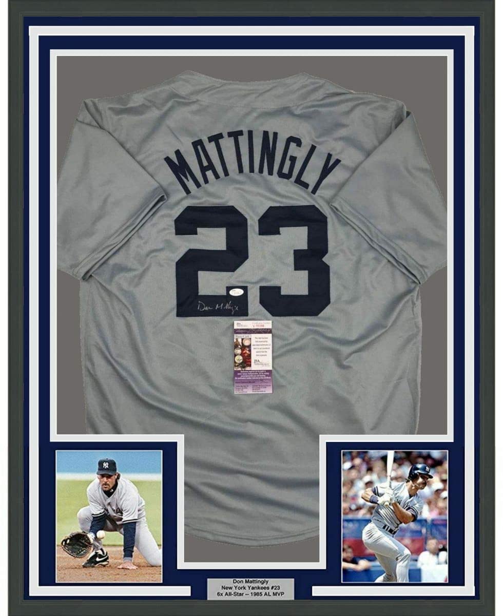 Framed Autographed/Signed Don Mattingly 35x39 New York Grey Baseball Jersey JSA COA