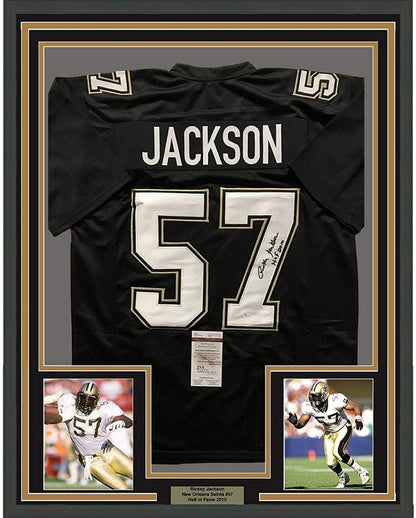 Framed Autographed/Signed Rickey Jackson 35x39 New Orleans Saints Black Football Jersey JSA COA