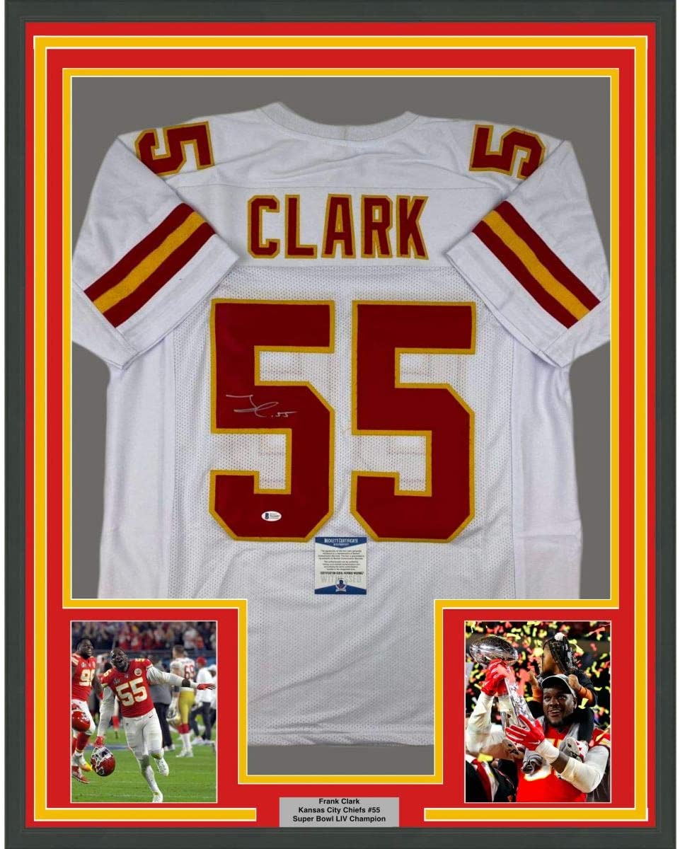 Framed Autographed/Signed Frank Clark 35x39 Kansas City White Football Jersey PSA/DNA COA