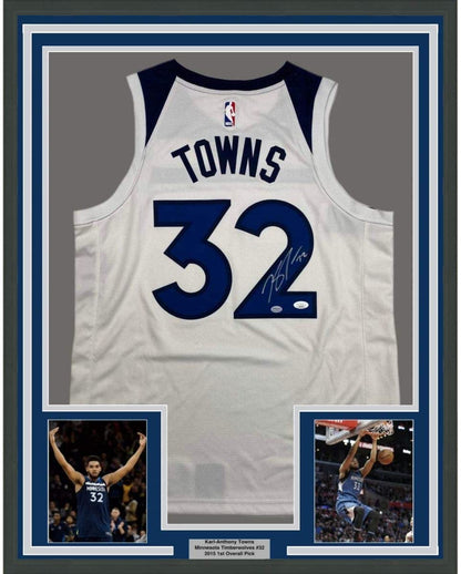 Framed Autographed/Signed Karl-Anthony Towns 35x39 Minnesota White Basketball Jersey JSA COA