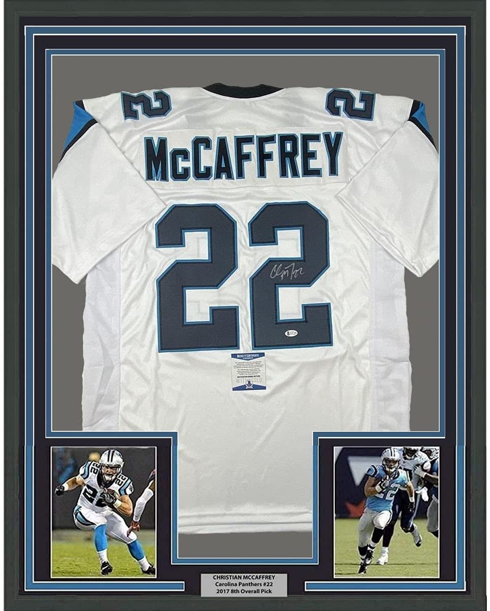 Framed Autographed/Signed Christian McCaffrey 35x39 Carolina White Football Jersey Beckett BAS COA