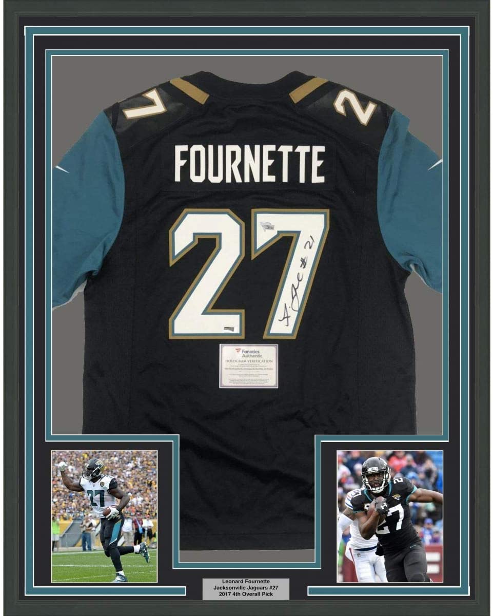 Framed Autographed/Signed Leonard Fournette 35x39 Jacksonville Black Football Jersey Fanatics COA