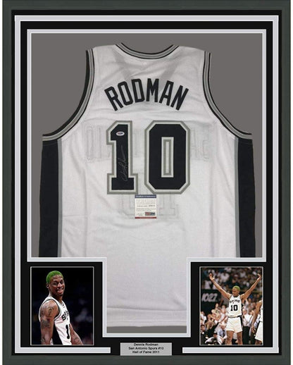 Framed Autographed/Signed Dennis Rodman 35x39 San Antonio White Basketball Jersey PSA/DNA COA