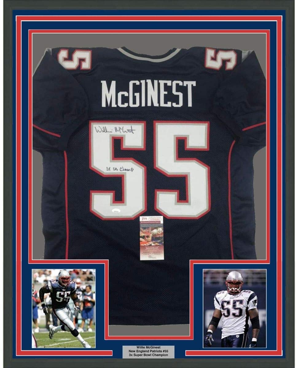 Framed Autographed/Signed Willie McGinest 3x SB Champ 35x39 New England Blue Football Jersey JSA COA