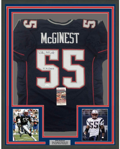Framed Autographed/Signed Willie McGinest 3x SB Champ 35x39 New England Blue Football Jersey JSA COA