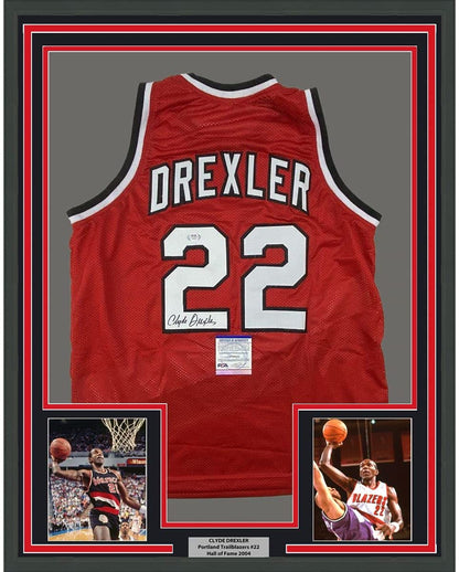 Framed Autographed/Signed Clyde Drexler 35x39 Portland Red Basketball Jersey PSA/DNA COA