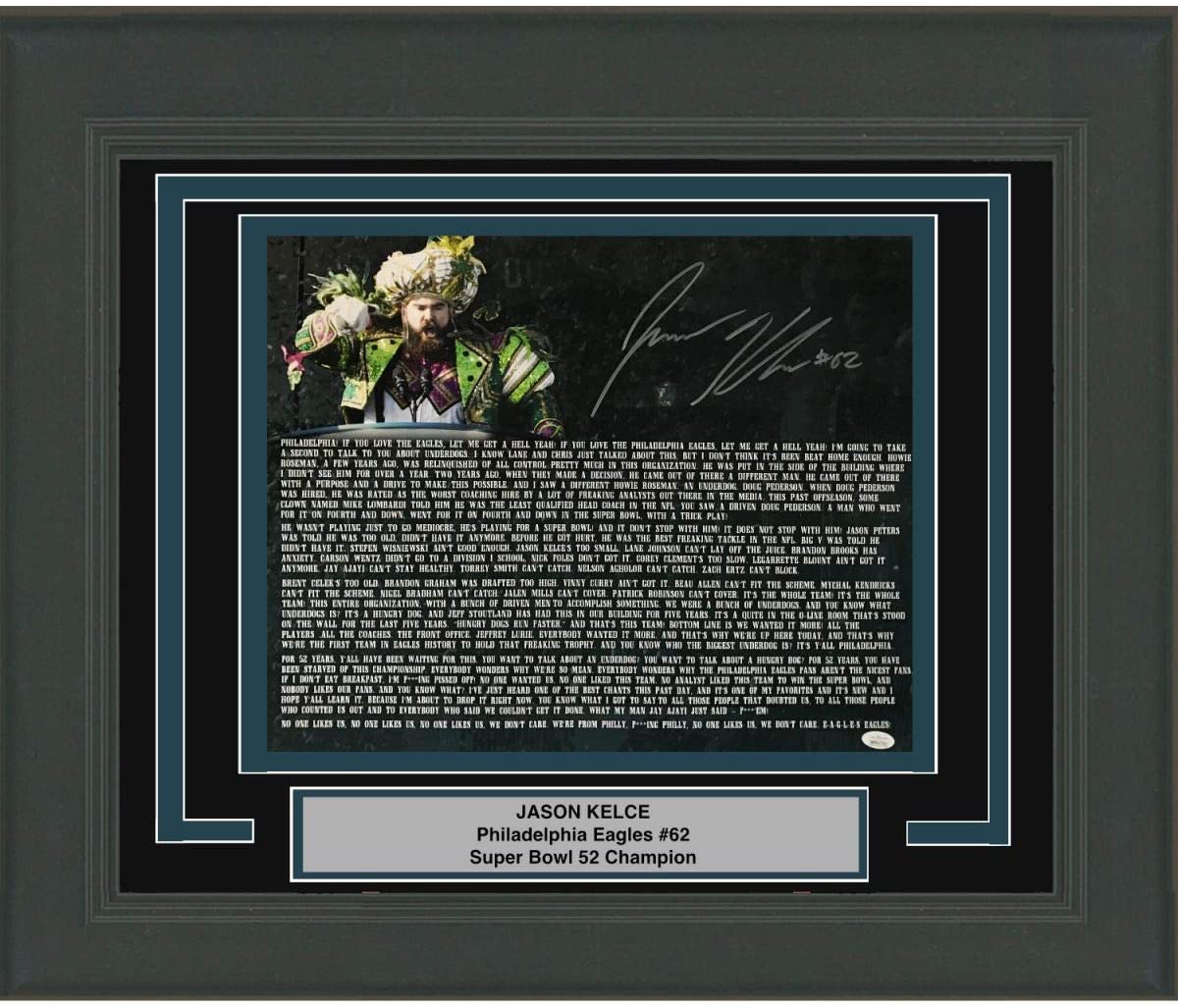 Framed Autographed/Signed Jason Kelce Super Bowl Parade Speech Transcript Mummers Philadelphia Eagles 16x20 Football Photo JSA COA