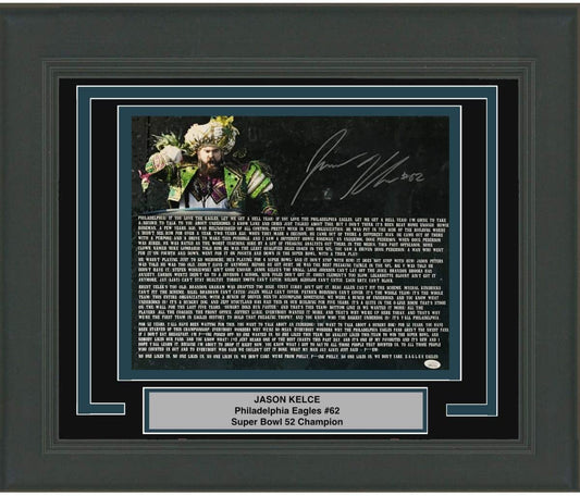 Framed Autographed/Signed Jason Kelce Super Bowl Parade Speech Transcript Mummers Philadelphia Eagles 16x20 Football Photo JSA COA