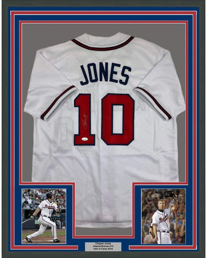Framed Autographed/Signed Chipper Jones 35x39 Atlanta White Baseball Jersey JSA COA