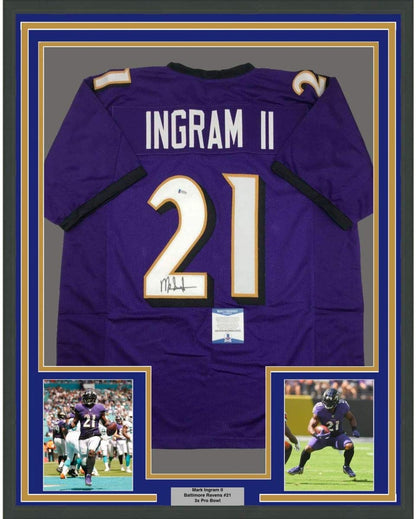 Framed Autographed/Signed Mark Ingram II 35x39 Baltimore Purple Football Jersey Beckett BAS COA