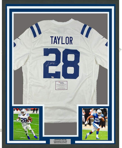 Framed Autographed/Signed Jonathan Taylor 35x39 Indianapolis Colts White Nike Game Football Jersey Fanatics COA