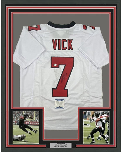Framed Autographed/Signed Michael Mike Vick 35x39 Atlanta Retro White Football Jersey Beckett BAS COA