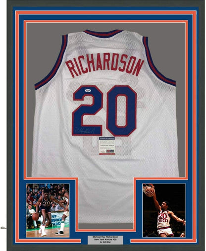 Framed Autographed/Signed Micheal Ray Richardson 35x39 New York White Basketball Jersey PSA/DNA COA