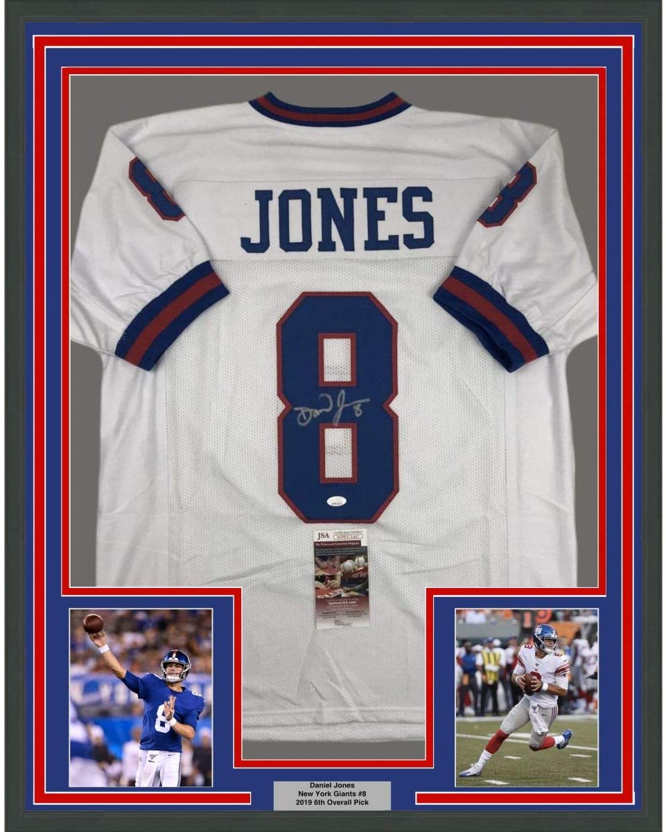 Framed Autographed/Signed Daniel Jones 35x39 New York Color Rush Football Jersey JSA COA
