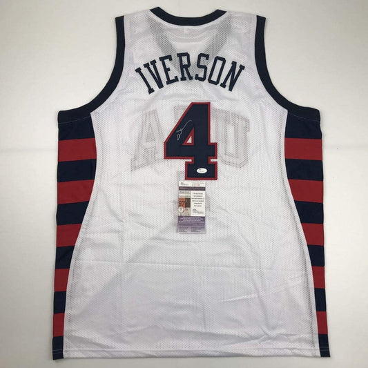 Autographed/Signed Allen Iverson United States USA White Olympics Basketball Jersey JSA COA