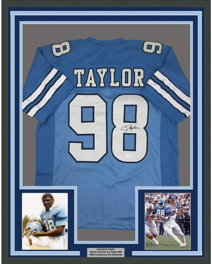Framed Autographed/Signed Lawrence Taylor 35x39 North Carolina Blue College Football Jersey JSA COA Holo Only