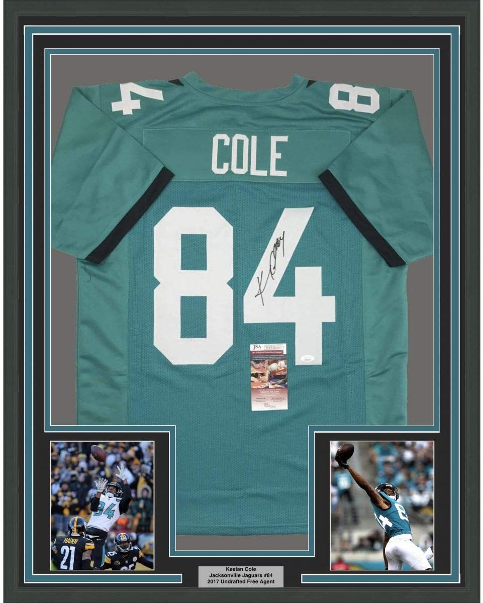Framed Autographed/Signed Keelan Cole 35x39 Jacksonville Teal Football Jersey JSA COA
