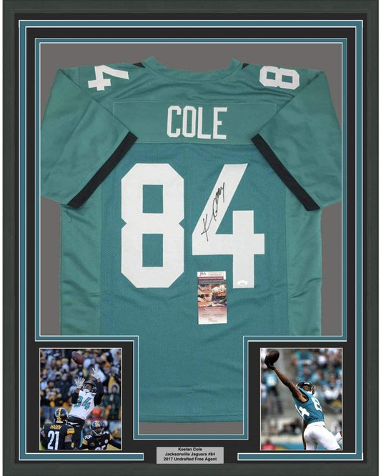 Framed Autographed/Signed Keelan Cole 35x39 Jacksonville Teal Football Jersey JSA COA