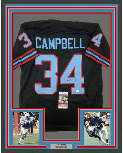 Framed Autographed/Signed Earl Campbell 35x39 Houston Black Football Jersey Beckett BAS COA