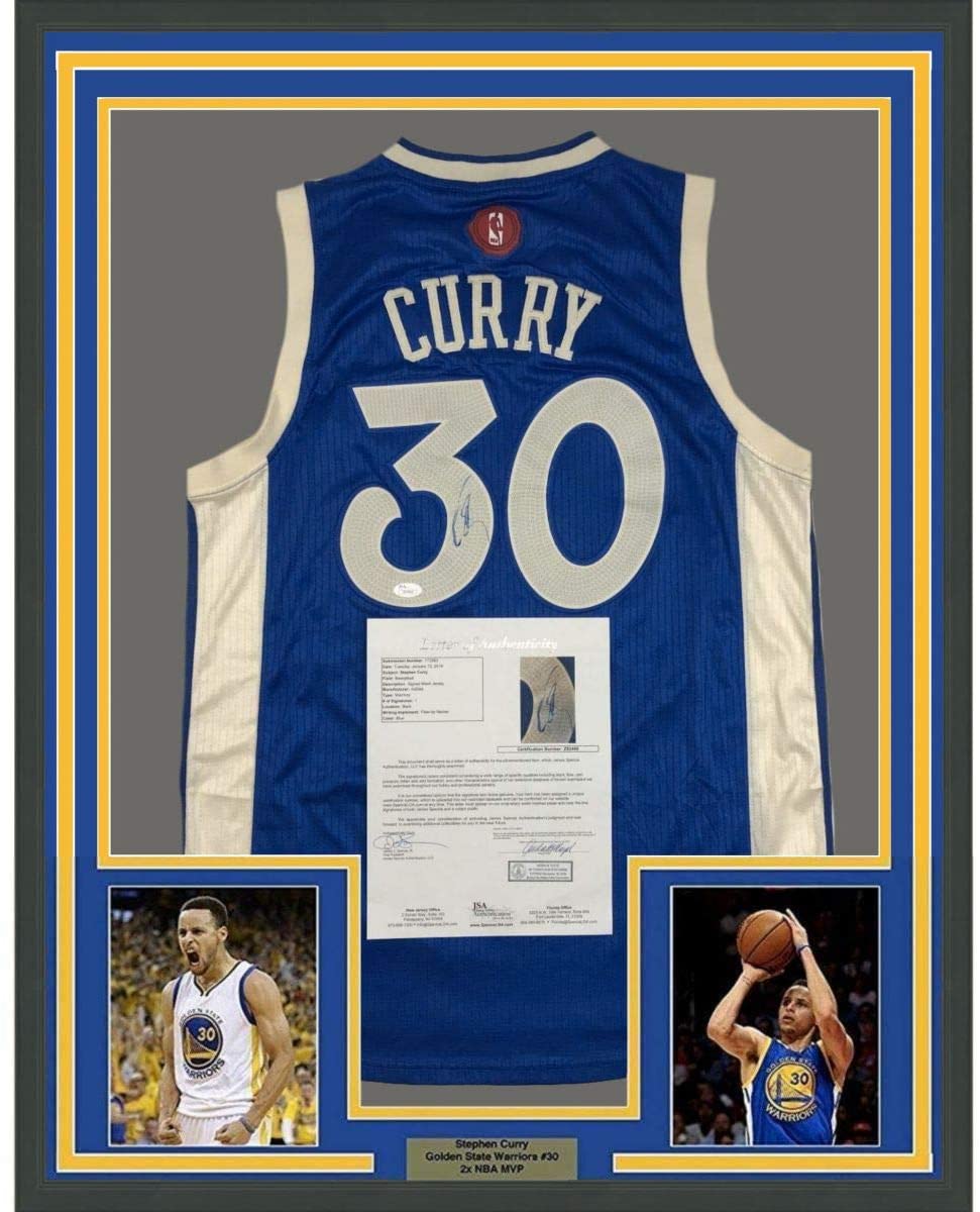 Framed Autographed/Signed Stephen Steph Curry 35x39 Golden State Blue Christmas Day Basketball Jersey JSA COA/LOA