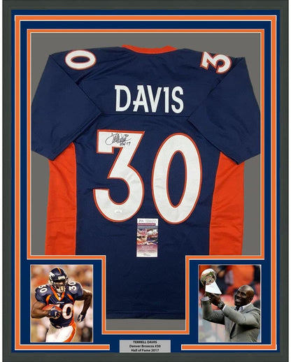 Framed Autographed/Signed Terrell Davis HOF 17 35x39 Denver Blue Football Jersey JSA COA