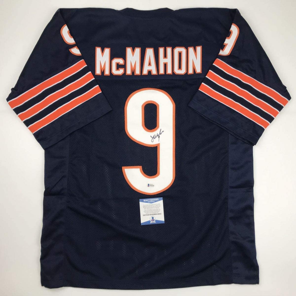 Autographed/Signed Jim McMahon Chicago Blue Football Jersey Beckett BAS COA
