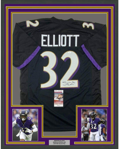 Framed Autographed/Signed DeShon Elliott 35x39 Baltimore Black Football Jersey JSA COA
