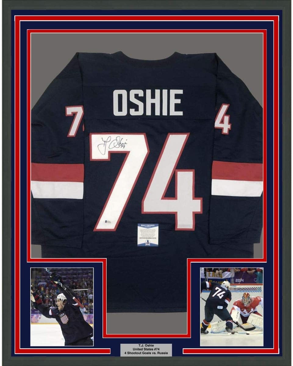 Framed Autographed/Signed TJ T.J. Oshie 35x39 United States USA Blue Olympics Hockey Jersey Beckett BAS COA