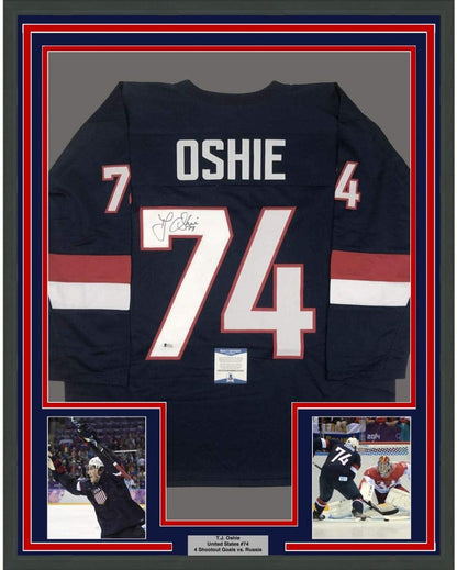 Framed Autographed/Signed TJ T.J. Oshie 35x39 United States USA Blue Olympics Hockey Jersey Beckett BAS COA