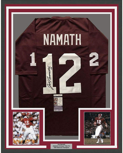 Framed Autographed/Signed Joe Namath 35x39 Alabama Crimson Tide Red College Football Jersey JSA COA