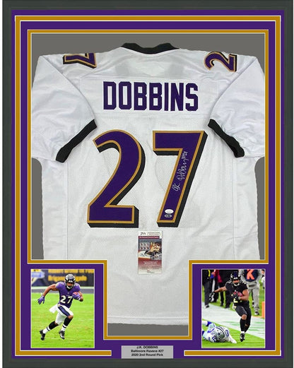 Framed Autographed/Signed JK J.K. Dobbins 35x39 Baltimore White Football Jersey JSA COA