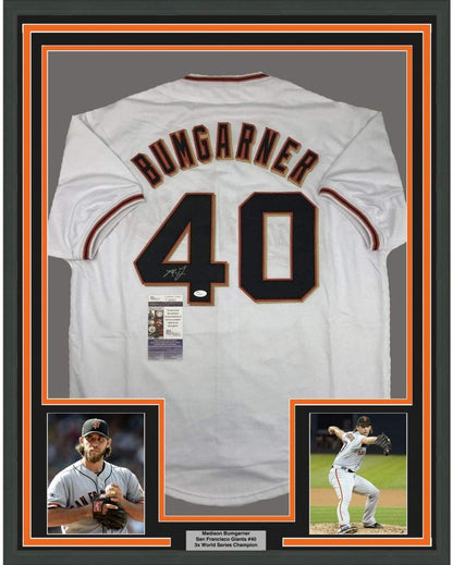 Framed Autographed/Signed Madison Bumgarner 35x39 San Francisco White Baseball Jersey JSA COA