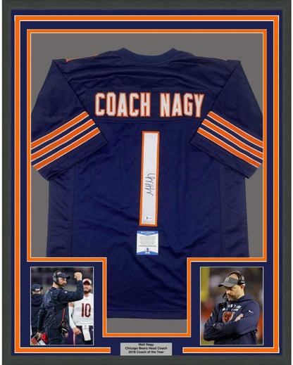 Framed Autographed/Signed Matt Nagy 35x39 Coach Chicago Blue Football Jersey Beckett BAS COA
