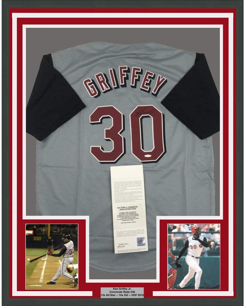 Framed Autographed/Signed Ken Griffey Jr. 35x39 Cincinnati Grey Baseball Jersey Upper Deck UDA COA