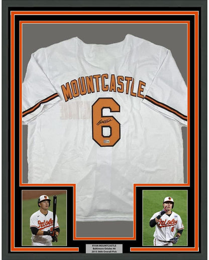 Framed Autographed/Signed Ryan Mountcastle 35x39 Baltimore White Baseball Jersey Beckett BAS COA