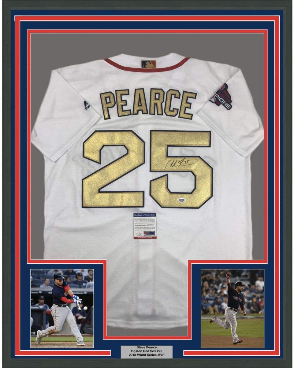 Framed Autographed/Signed Steve Pearce 35x39 Boston World Series MVP White Baseball Jersey PSA/DNA COA