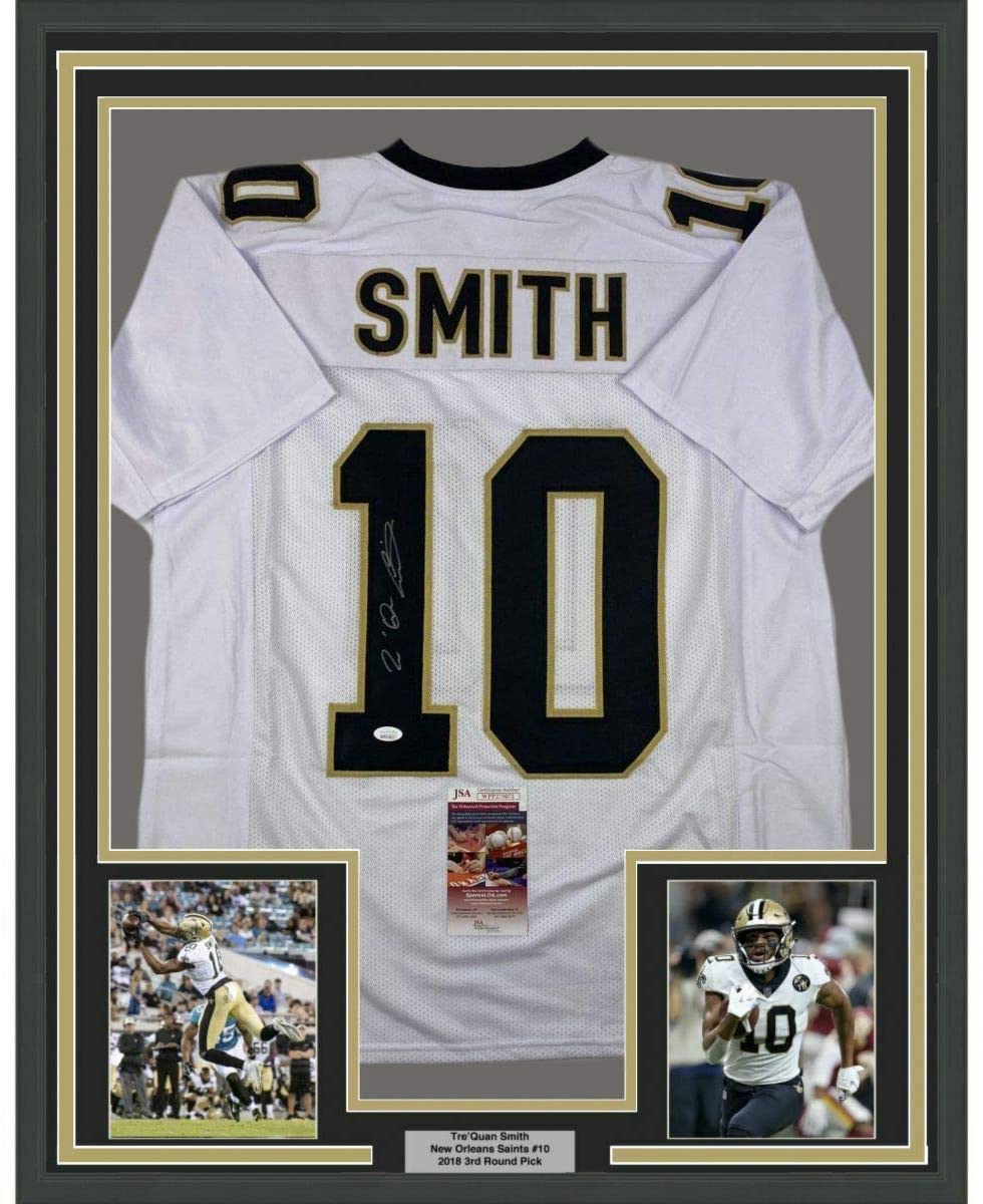 Framed Autographed/Signed Tre'Quan Smith 35x39 New Orleans White Football Jersey JSA COA